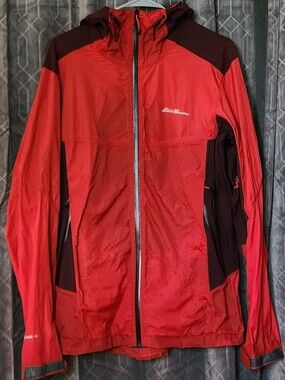 Eddie Bauer Red and Dark Burgundy Hooded Rain Jacket